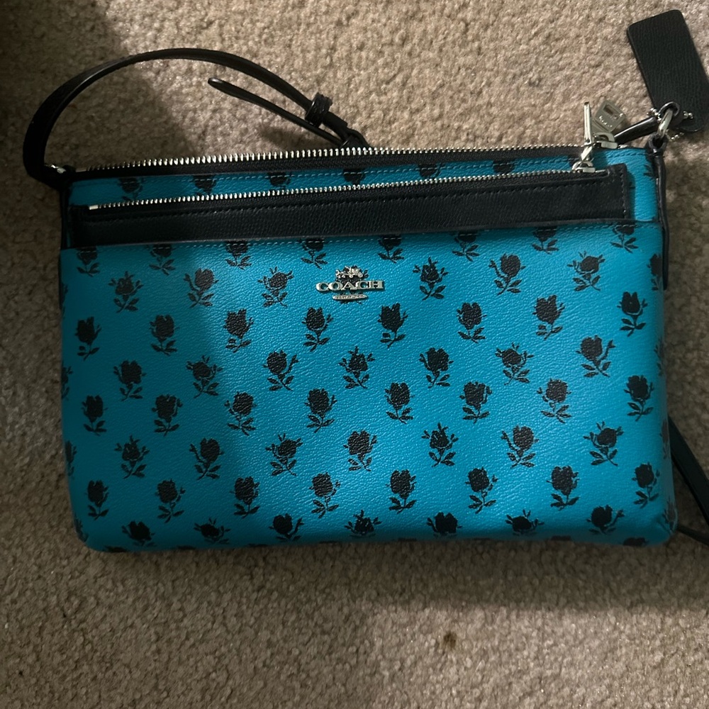 Coach Teal and Black Floral Pouch